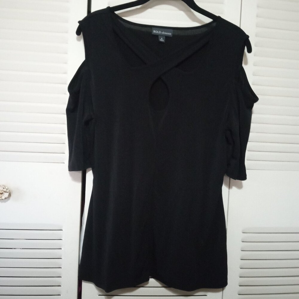 BOLD ELEMENTS Black Cross Over Cutout Neck Cold Shoulder Top Blouse M